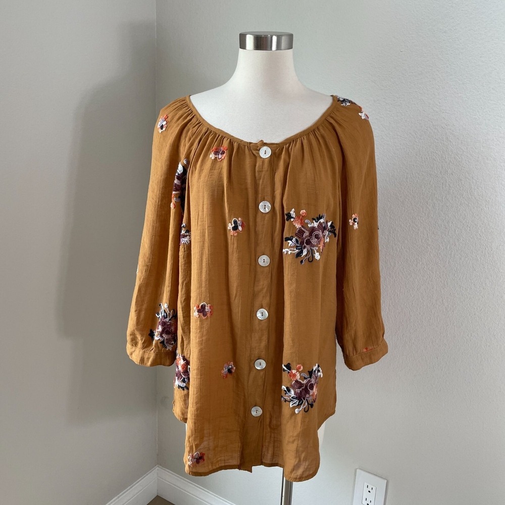 fig and flower Mustard Yellow Floral Button-Front Peasant Blouse